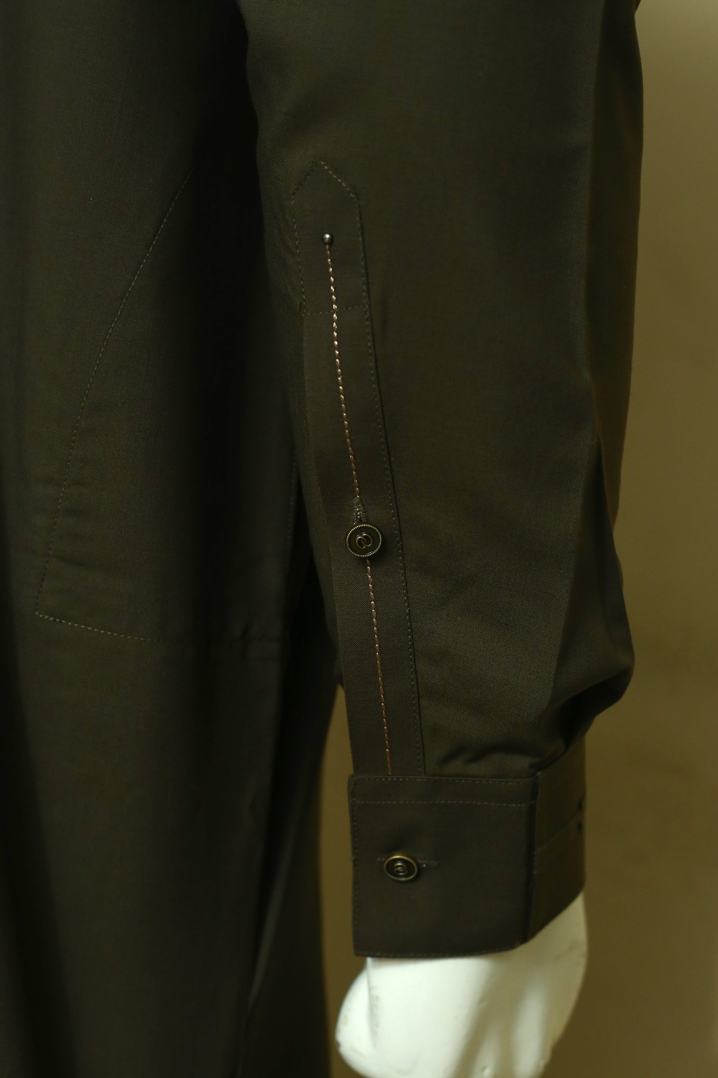 Mehndi Shalwar Qameez by Mawaahib – Sherwani collar, detailed patti work, wash n wear fabric