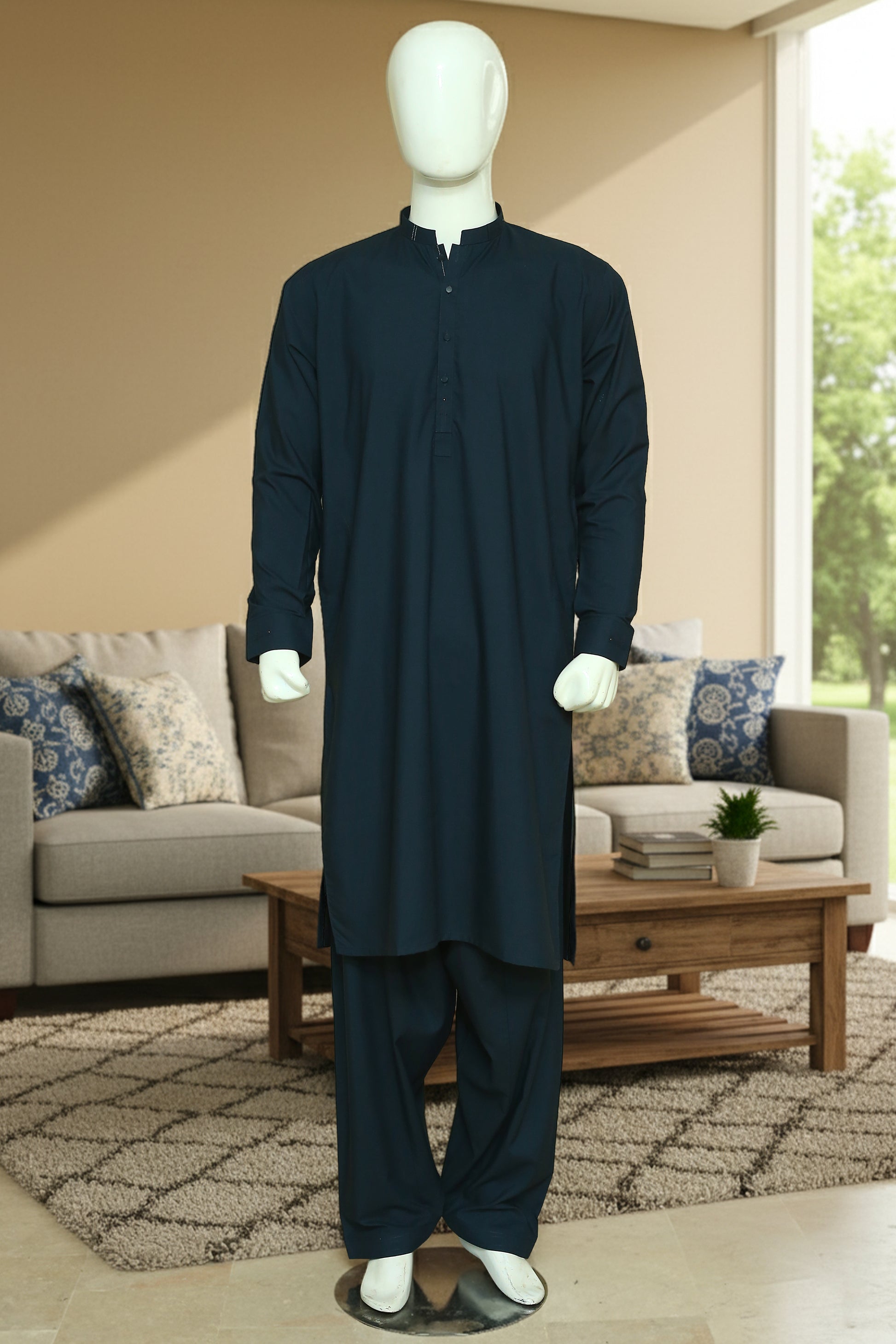 Green Shalwar Qameez by Mawaahib – Premium wash n wear fabric, sherwani collar, patti work, cuff sleeves