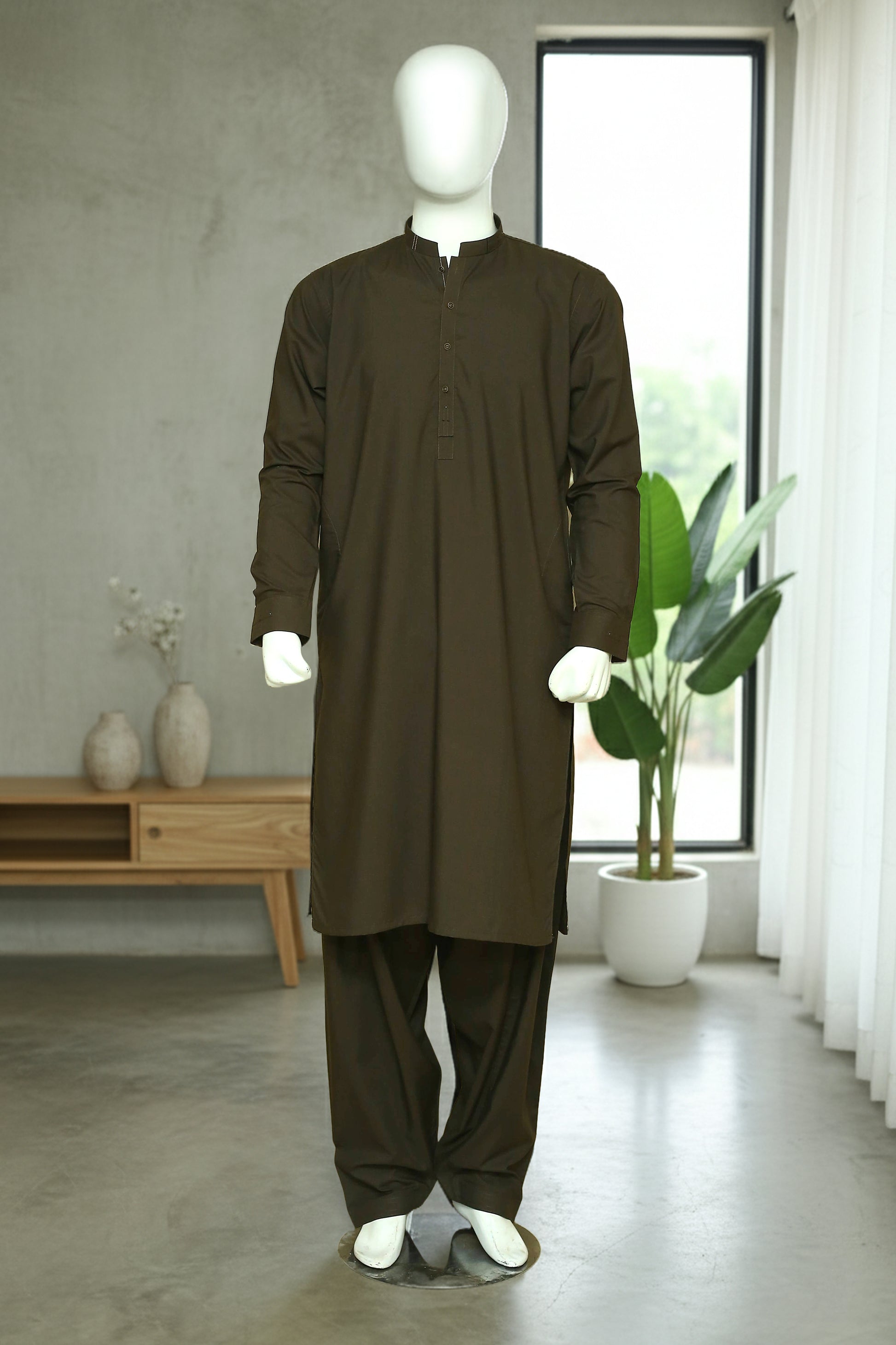 Mehndi Shalwar Qameez by Mawaahib – Sherwani collar, detailed patti work, wash n wear fabric