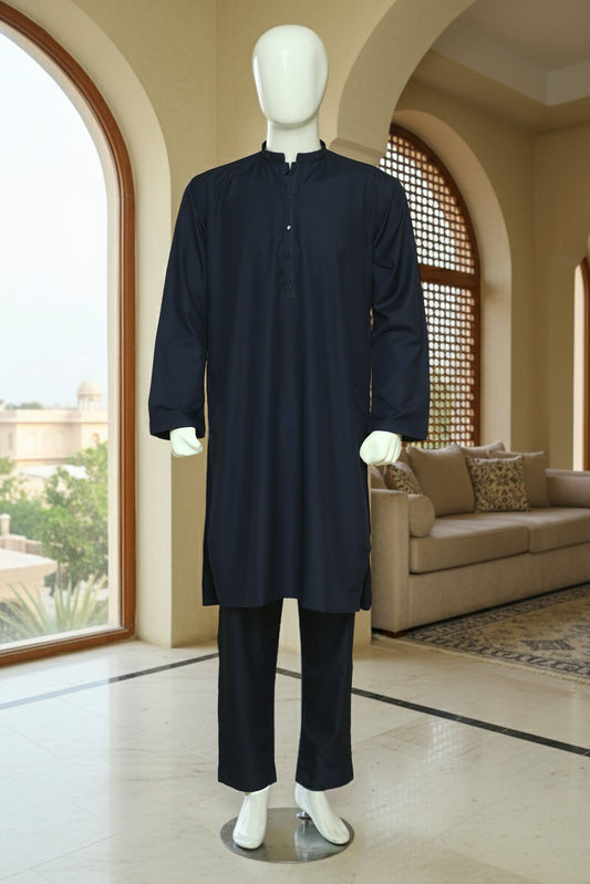 Navy Blue Kurta Pajama by Mawaahib  front, wash n wear fabric, kurta aasteen