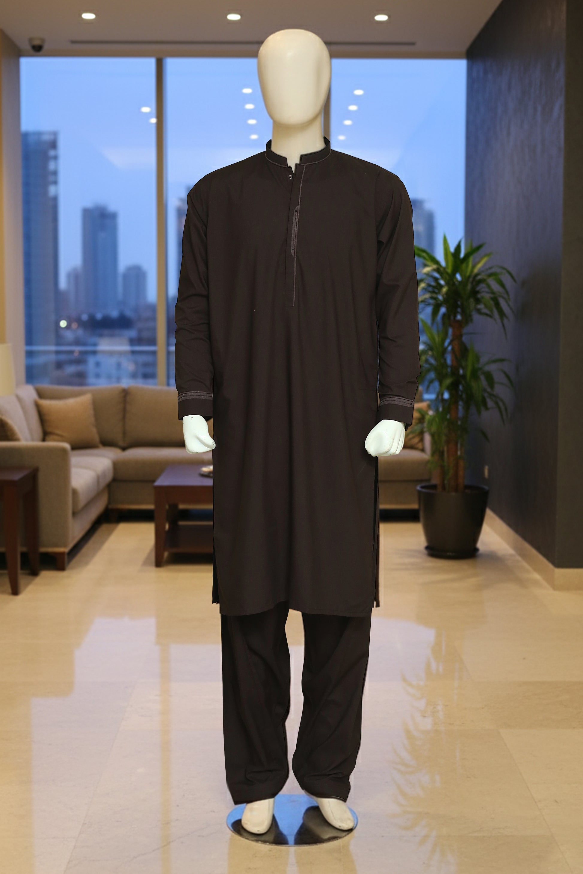 Dark Brown Shalwar Qameez by Mawaahib – Premium wash n wear, sherwani collar, patti work, cuff sleeves