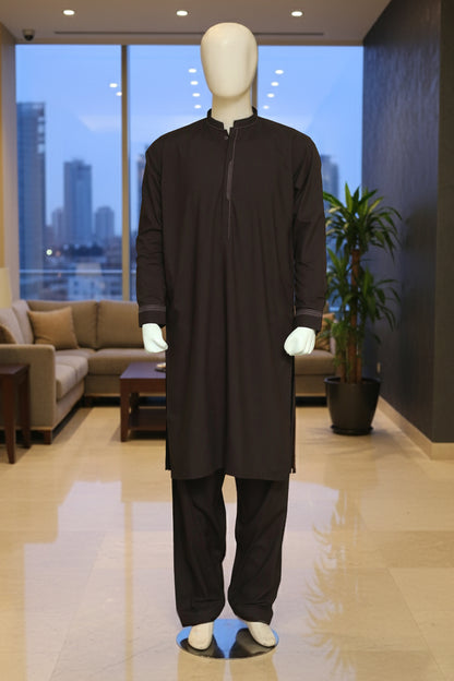 Dark Brown Shalwar Qameez by Mawaahib – Premium wash n wear, sherwani collar, patti work, cuff sleeves
