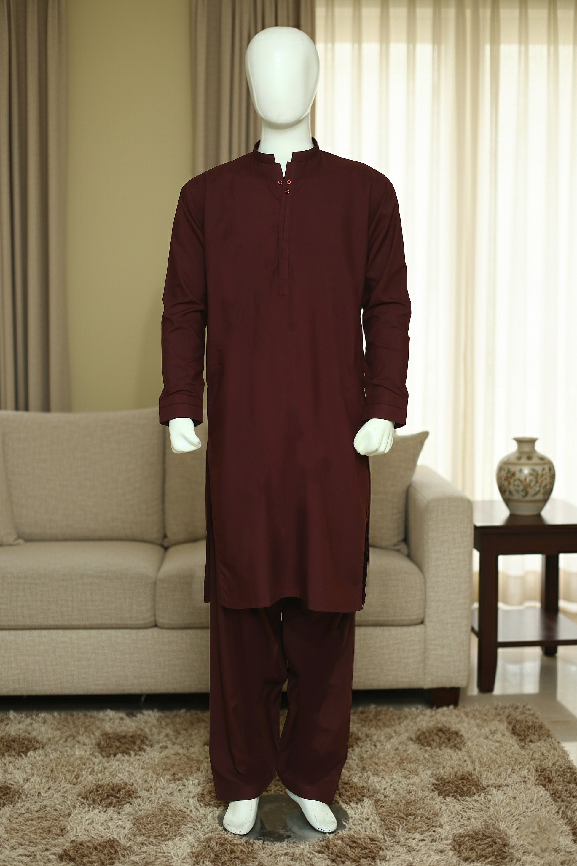 Maroon Shalwar Qameez by Mawaahib – Wash n wear fabric, sherwani collar, cuff sleeves