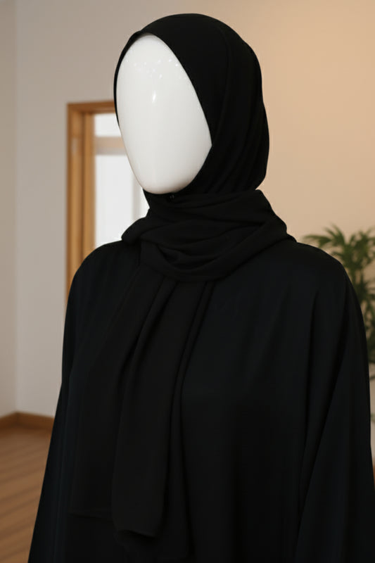 Black Ayesha Abaya by Mawaahib Zoom Nada fabric, front-open style, premium fall