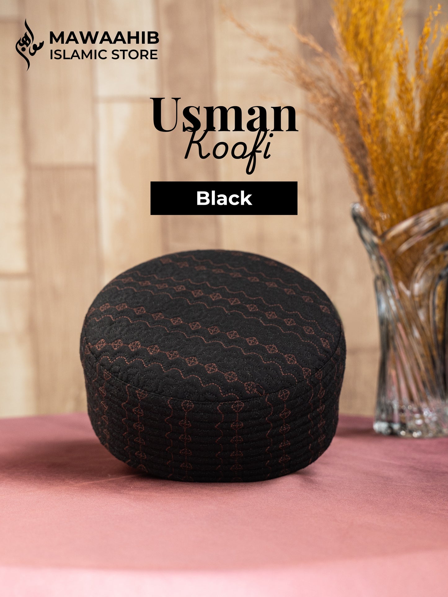 Black Usman Koofi by Mawaahib – Premium stitched Islamic cap, elegant texture