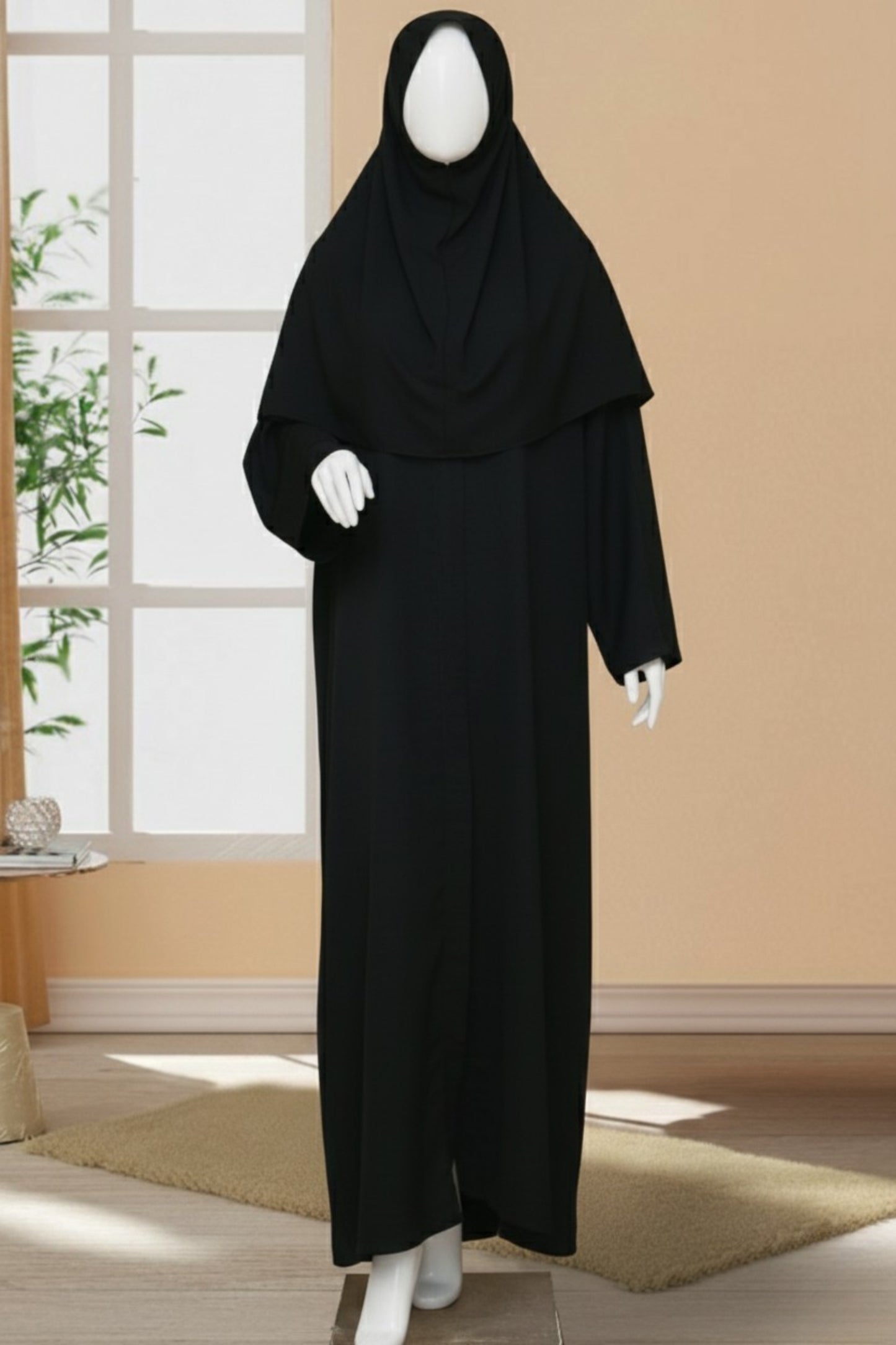 Black Ayesha Abaya by Mawaahib Zoom Nada fabric, front-open style, premium fall