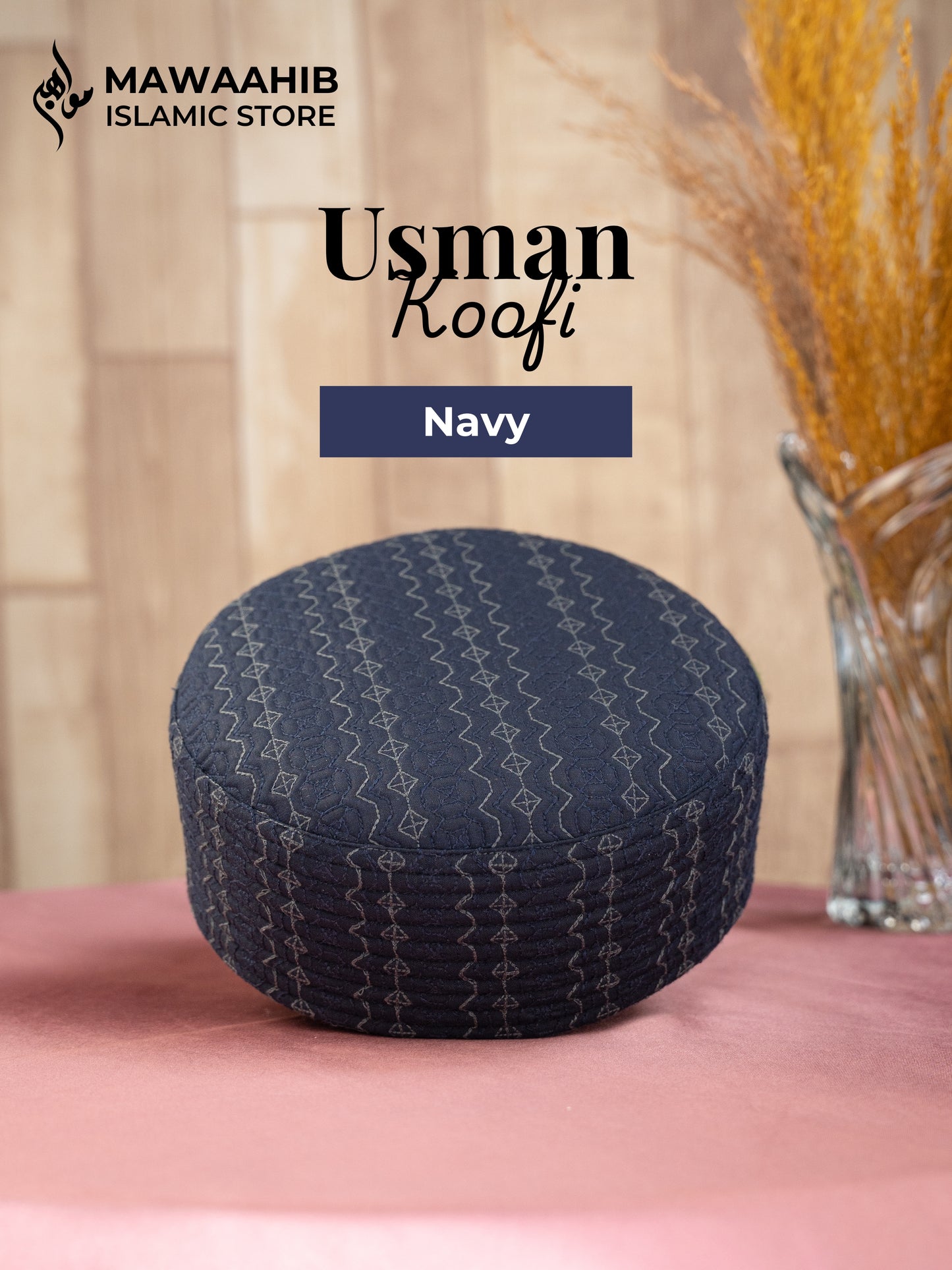 Navy Usman Koofi by Mawaahib – Premium stitched Islamic cap, elegant texture