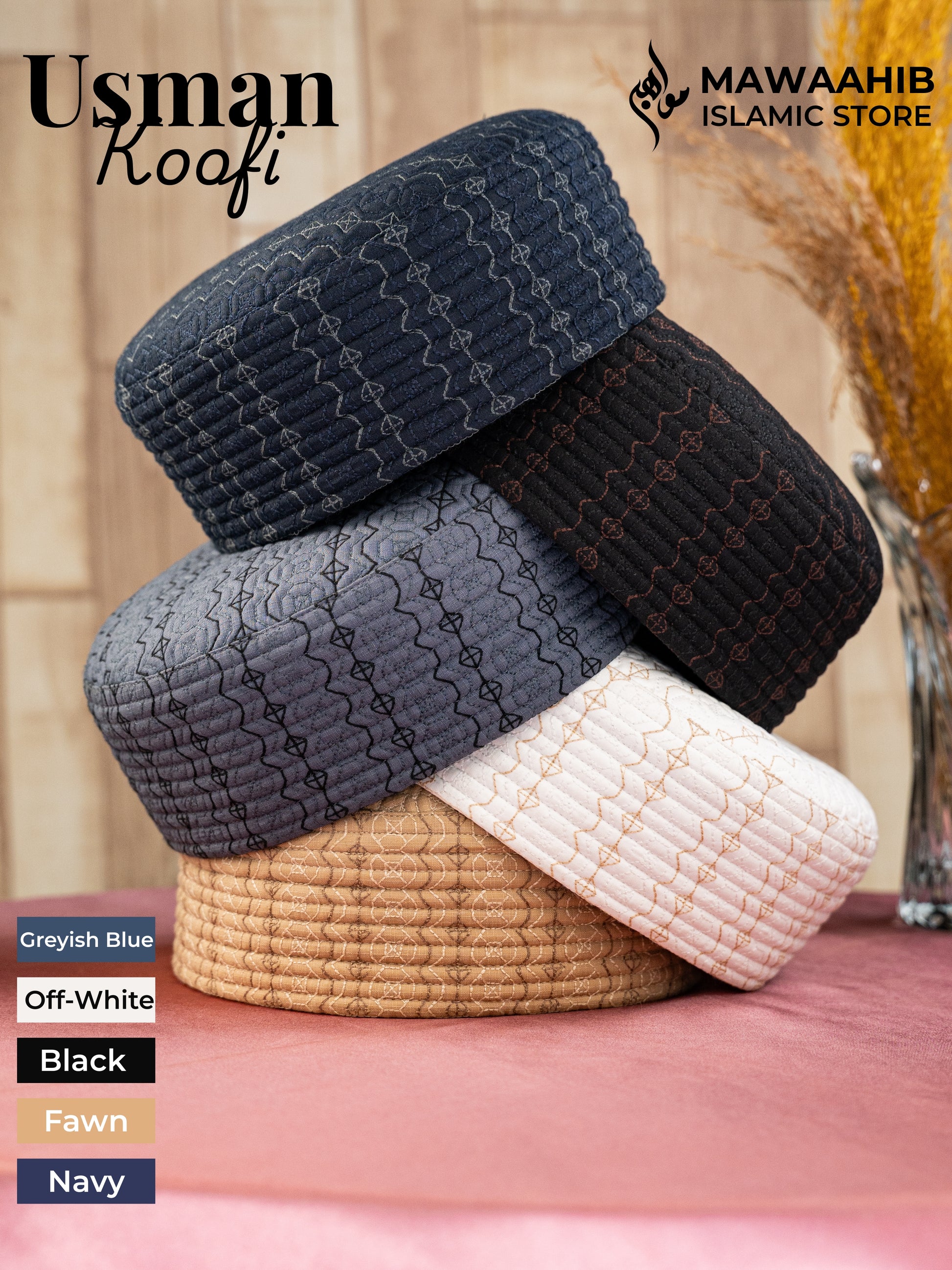All Colours of Usman Koofi by Mawaahib – Premium stitched Islamic cap, elegant texture Black, Navy, Greyish Blue, Fawn, Off white