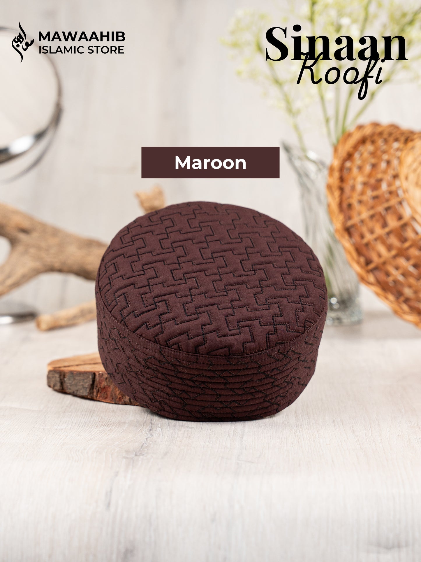 Maroon Sinaan Koofi by Mawaahib – Premium stitched Islamic cap, elegant texture