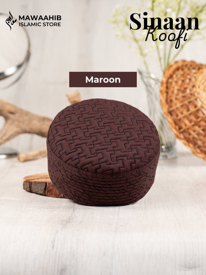 Maroon Sinaan Koofi by Mawaahib – Premium stitched Islamic cap, elegant texture