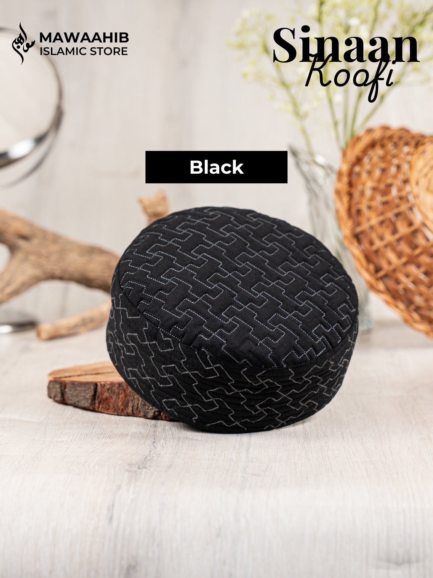 Black Sinaan Koofi by Mawaahib – Premium stitched Islamic cap, elegant texture