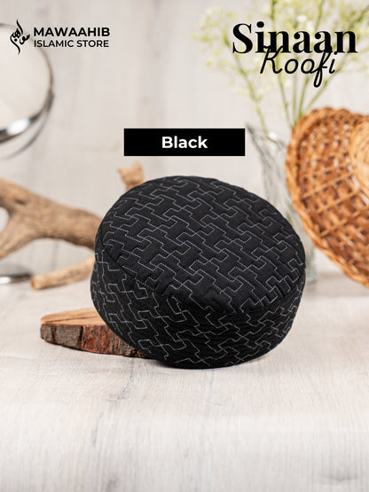 Black Sinaan Koofi by Mawaahib – Premium stitched Islamic cap, elegant texture