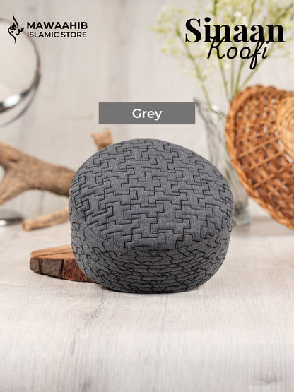Grey Sinaan Koofi by Mawaahib – Premium stitched Islamic cap, elegant texture