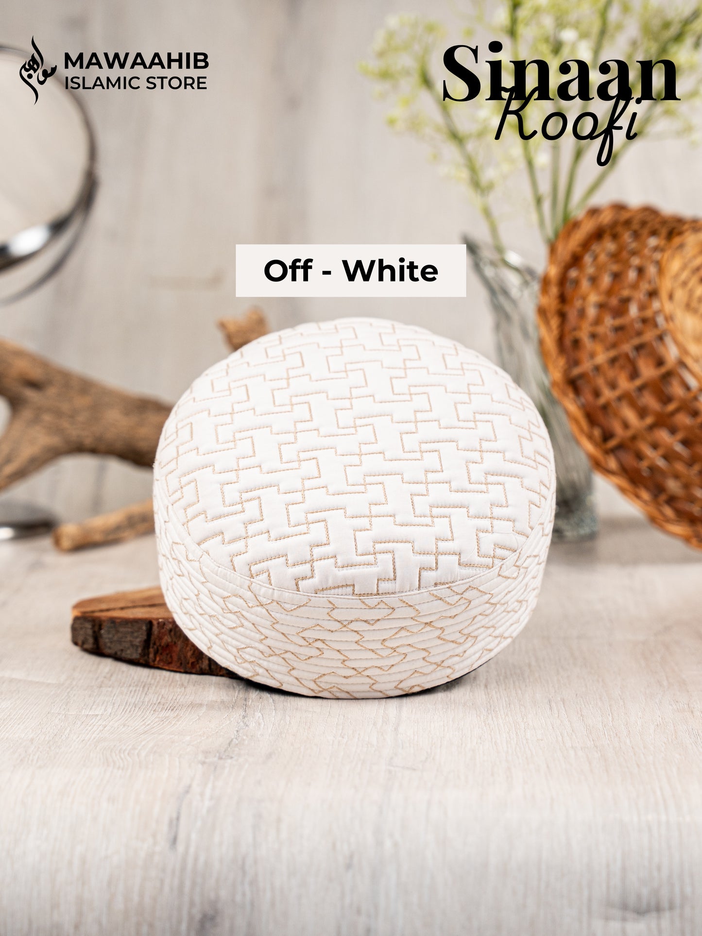 Off white Sinaan Koofi by Mawaahib – Premium stitched Islamic cap, elegant texture