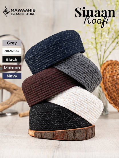 All Colours of Sinaan Koofi by Mawaahib – Premium stitched Islamic cap, elegant texture. Black, Navy, Offwhite, Maroon, Grey