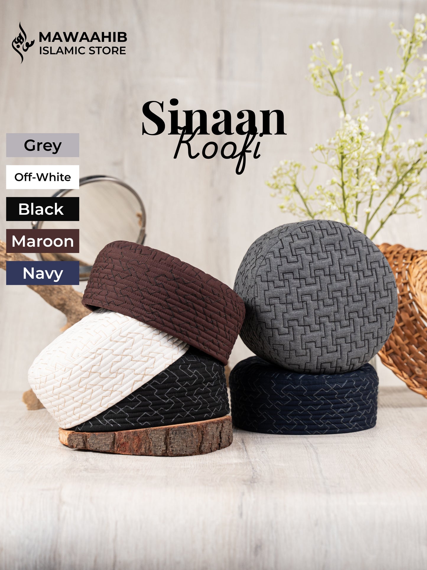 All Colours of Sinaan Koofi by Mawaahib – Premium stitched Islamic cap, elegant texture. Black, Navy, Offwhite, Maroon, Grey