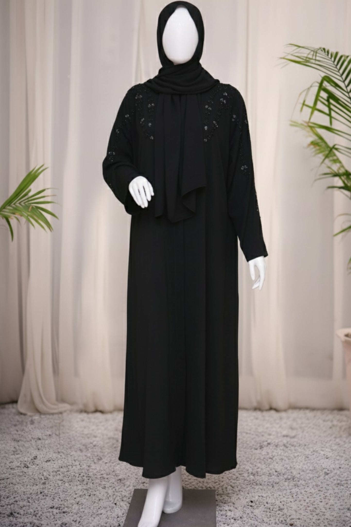 Black Aiman Cut Dana Abaya by Mawaahib – Handwork on sleeves, front, and back, Zoom Nada fabric