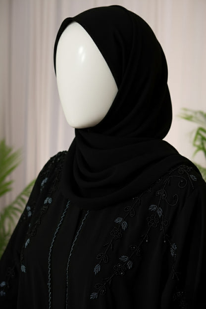 Black Aiman Cut Dana Abaya by Mawaahib – Handwork on sleeves, front, and back, Zoom Nada fabric