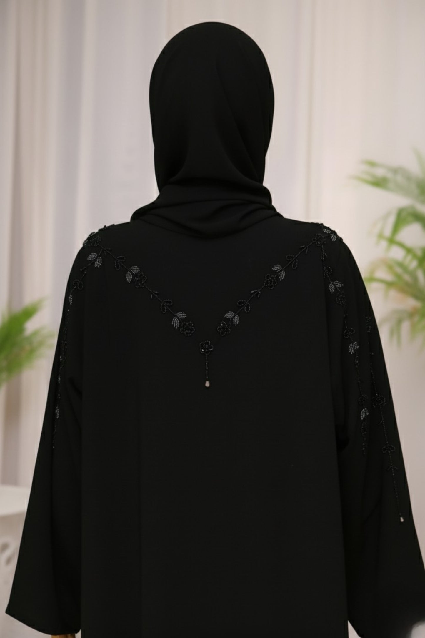 Black Aiman Cut Dana Abaya by Mawaahib – Handwork on sleeves, front, and back, Zoom Nada fabric