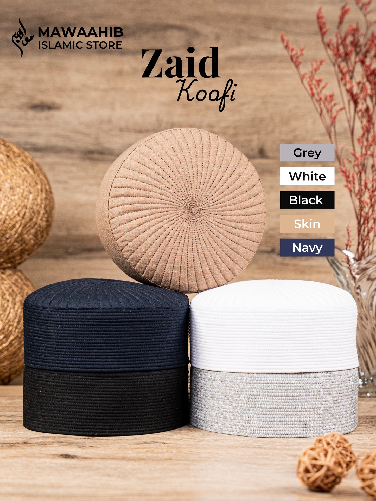 All Colours of Zaid Koofi by Mawaahib – Premium stitched Islamic cap, elegant texture. Black, Navy, Grey, White , Skin