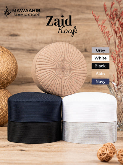 All Colours of Zaid Koofi by Mawaahib – Premium stitched Islamic cap, elegant texture. Black, Navy, Grey, White , Skin