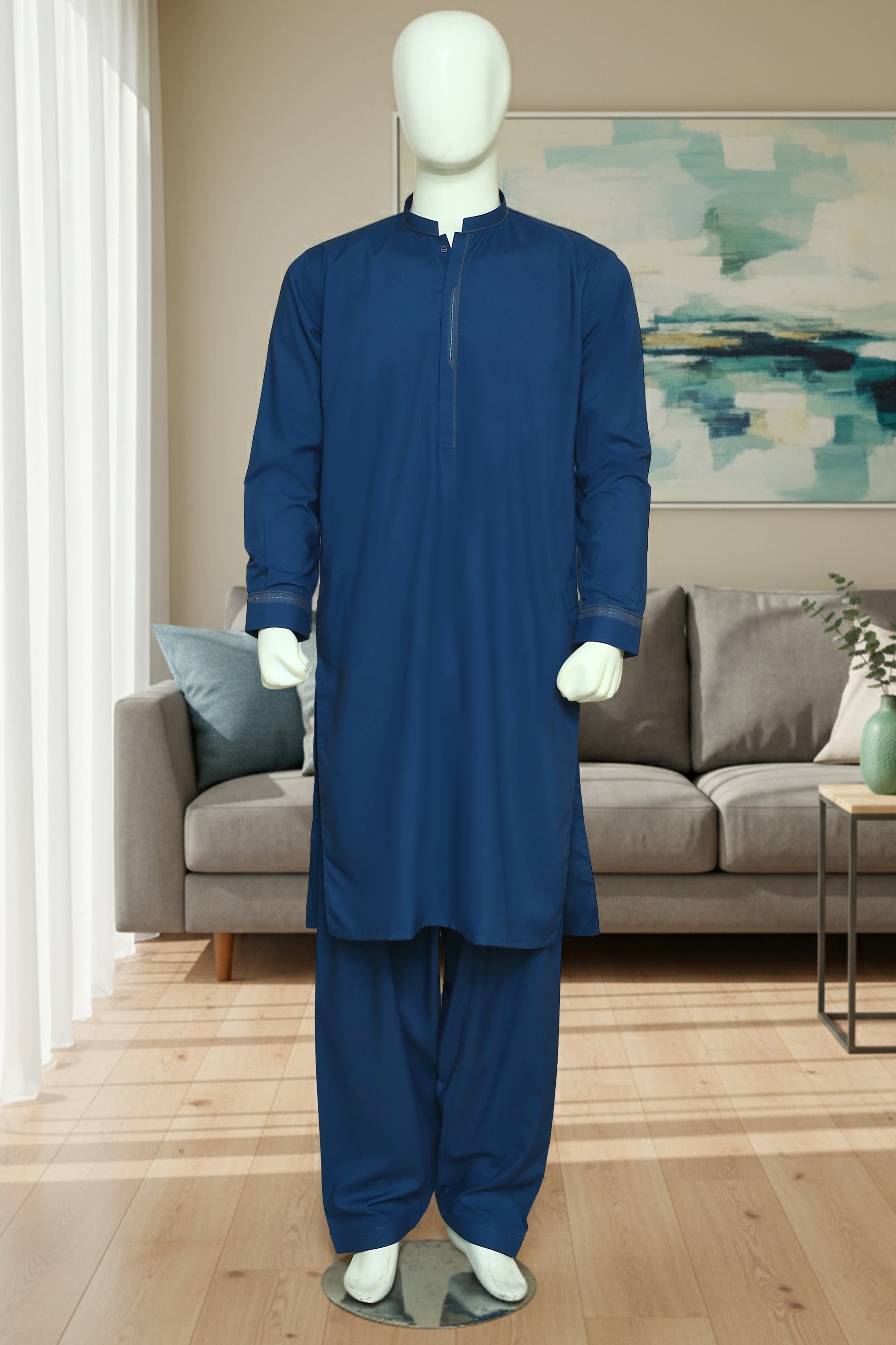 Royal Blue Shalwar Qameez by Mawaahib – Premium wash n wear, sherwani collar, patti work, cuff sleeves