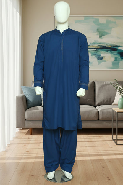 Royal Blue Shalwar Qameez by Mawaahib – Premium wash n wear, sherwani collar, patti work, cuff sleeves