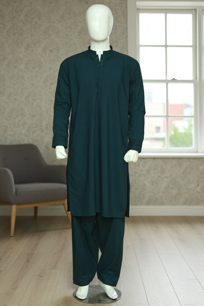 Premium Green Shalwar Qameez with sherwani-style collar and patti work. Soft, breathable wash n wear fabric perfect for daily and event wear.