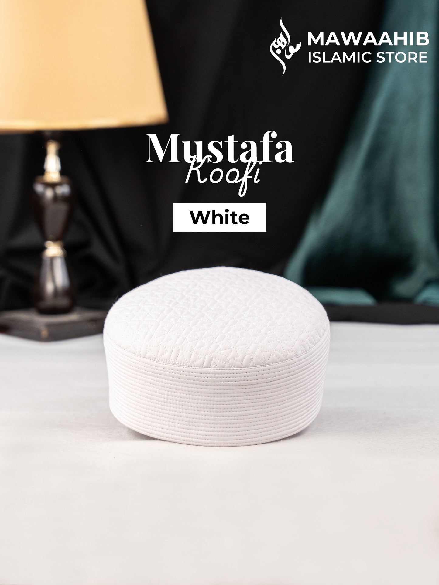 White Mustafa Koofi by Mawaahib – Premium stitched Islamic cap, elegant texture