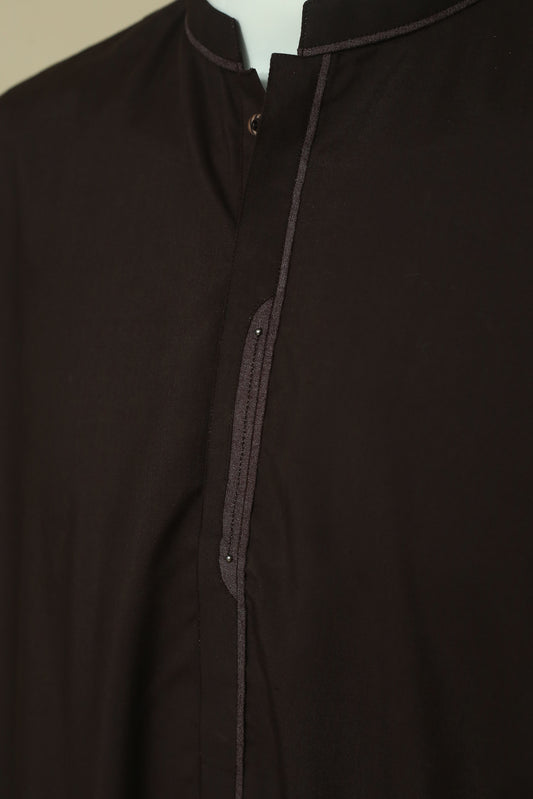 Dark Brown Shalwar Qameez by Mawaahib – Premium wash n wear, sherwani collar, patti work, cuff sleeves