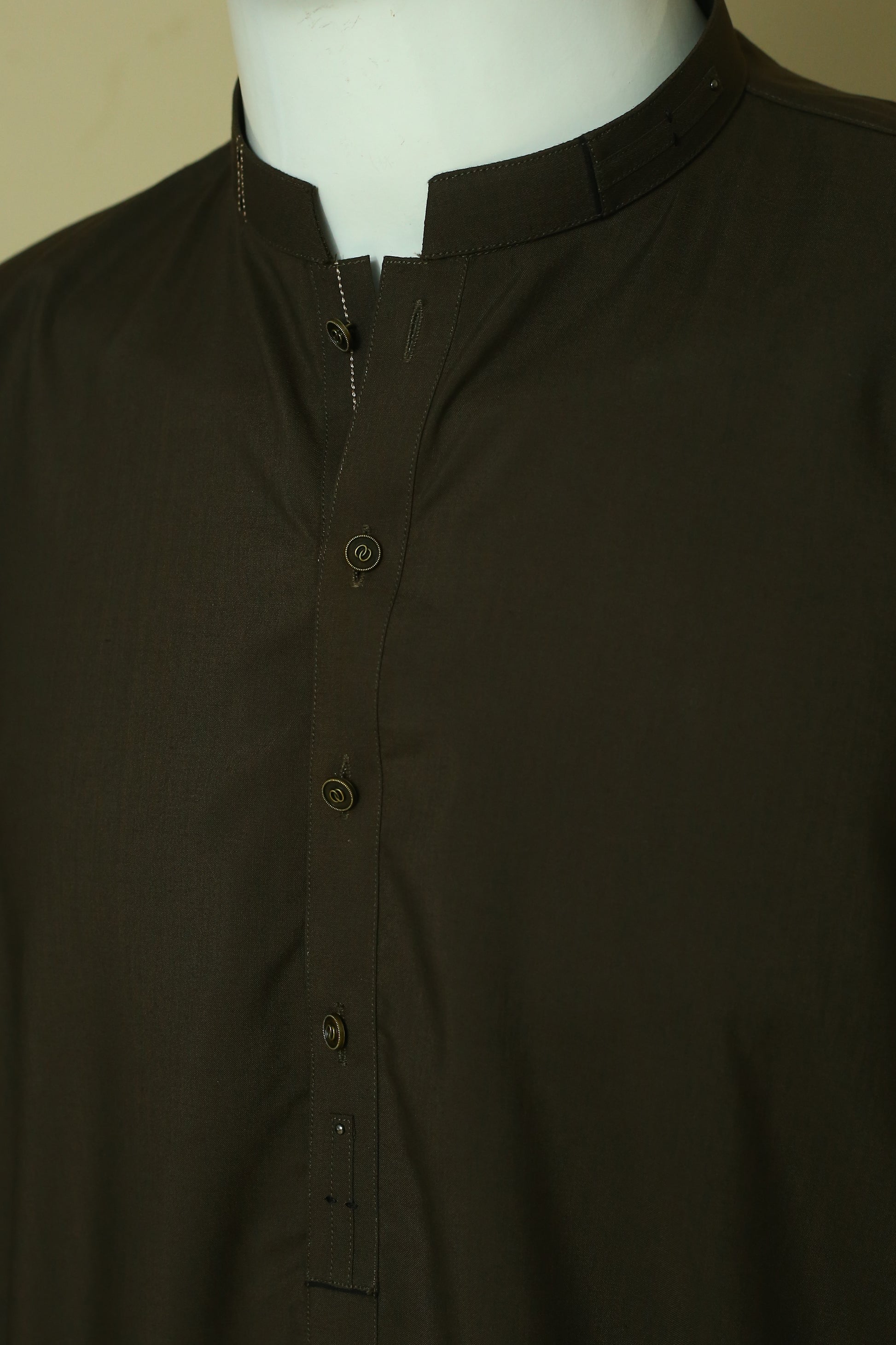 Mehndi Shalwar Qameez by Mawaahib – Sherwani collar, detailed patti work, wash n wear fabric