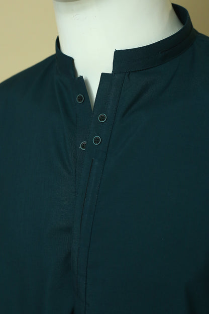 Premium Green Shalwar Qameez with sherwani-style collar and patti work. Soft, breathable wash n wear fabric perfect for daily and event wear.